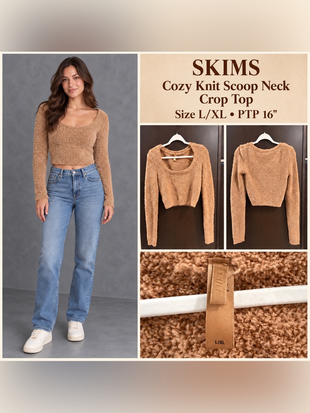 Aritzia Scoop Neck Cozy Knit Crop Top - Camel/Tan